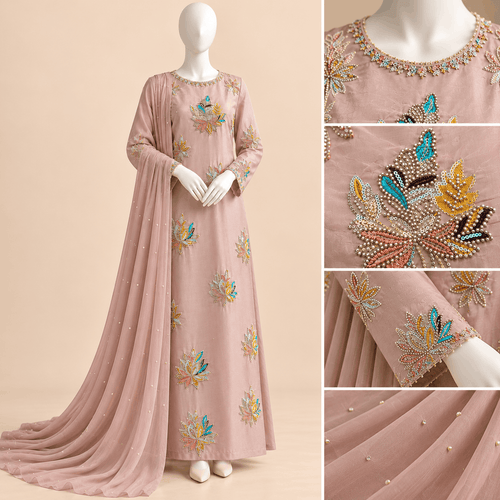 Blush Aura – Luxury Dusty Pink Embellished 3-Piece Suit with Multicolour Handwork | SKU 0168M (Unstitched)