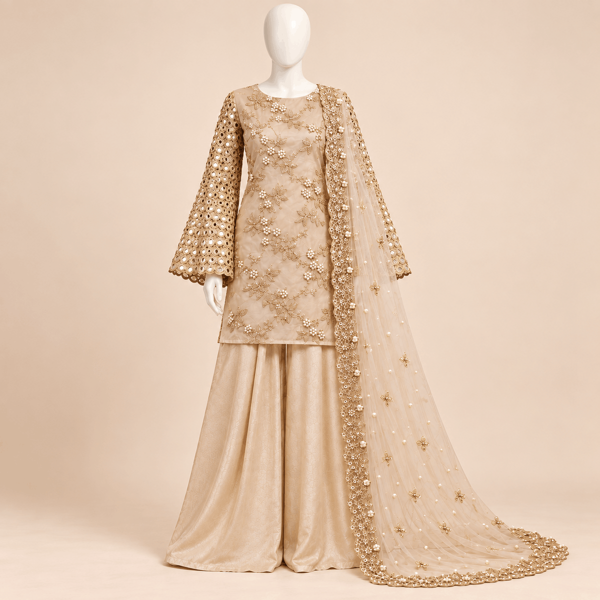 Champagne Pearl Vine Mirror work Formal soft-organza 4-Piece Suit – 0157M (Unstitched)