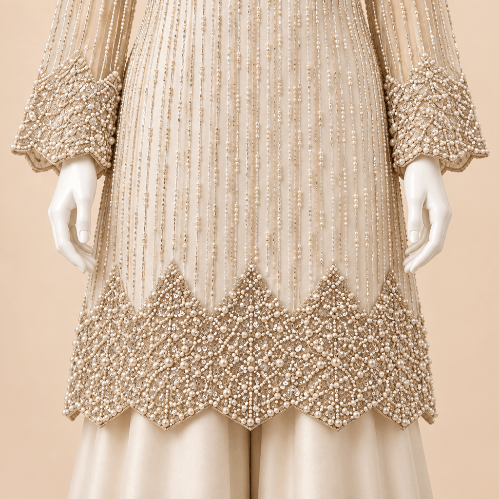 Ivory Pearl & Sequin Embellished 3-Piece Formal Palazzo Suit – SKU 0161M (Unstitched)