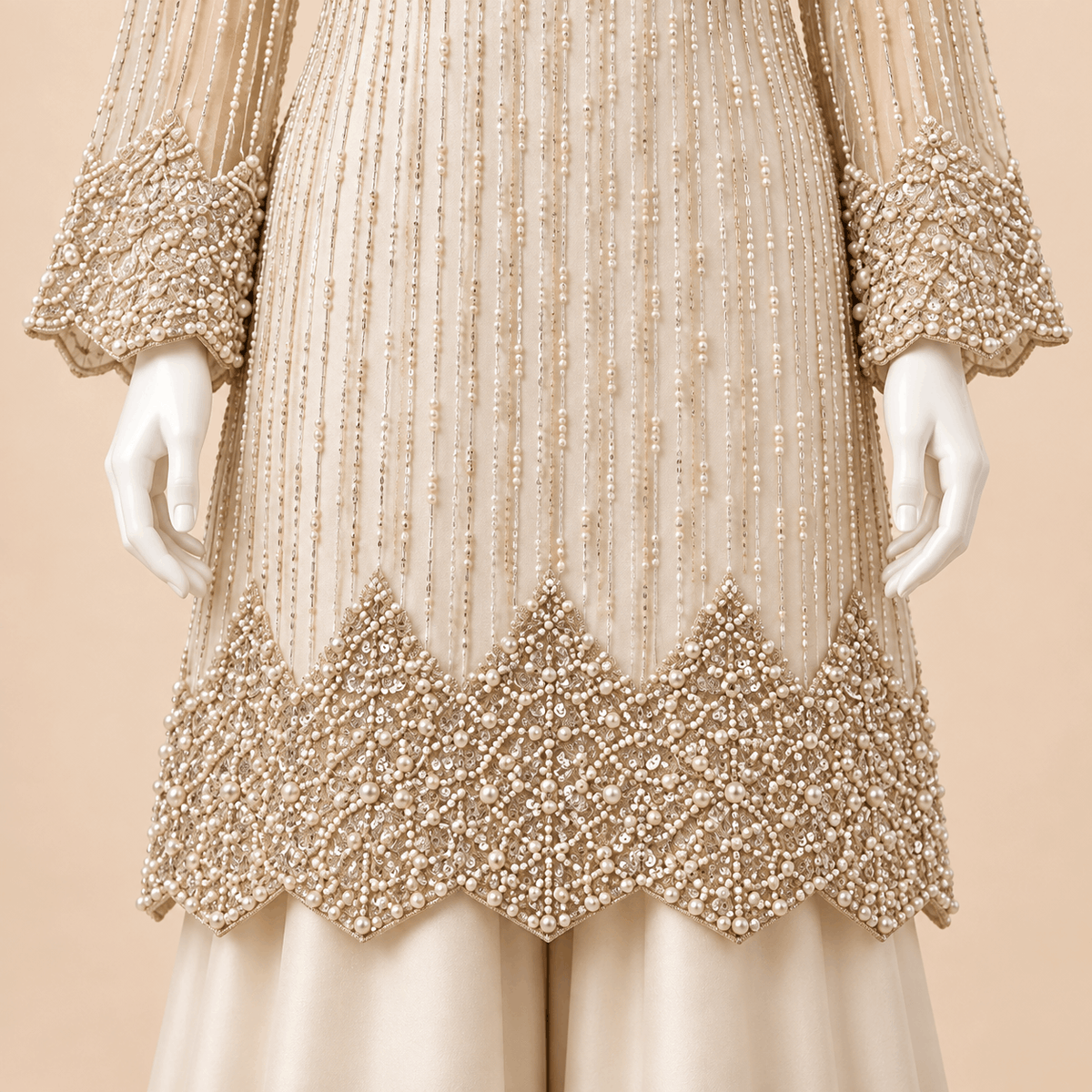 Ivory Pearl & Sequin Embellished 3-Piece Formal Palazzo Suit – SKU 0161M (Unstitched)