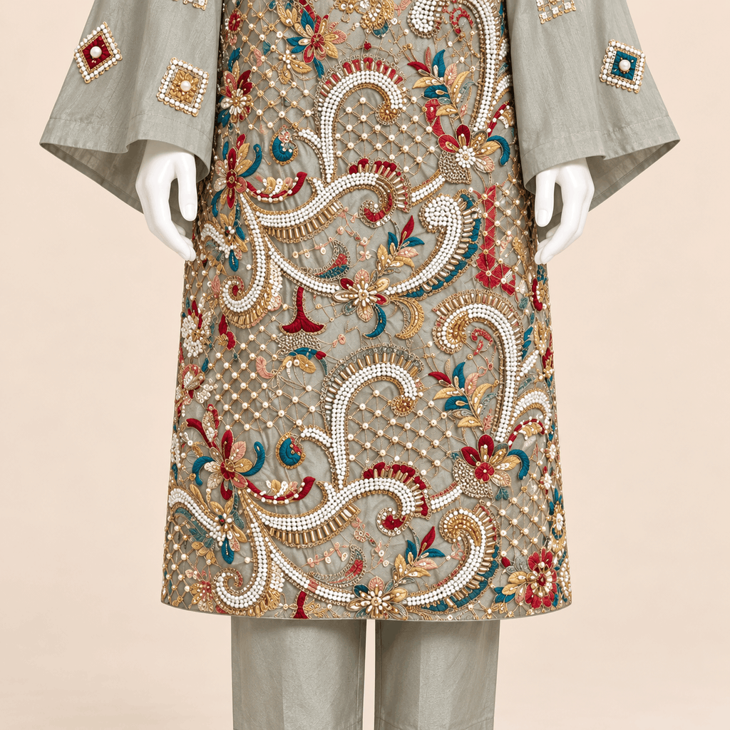 Sage Tussar Silk Multicolour Hand-Embellished Formal 3-Piece Suit – 0159M (Unstitched)
