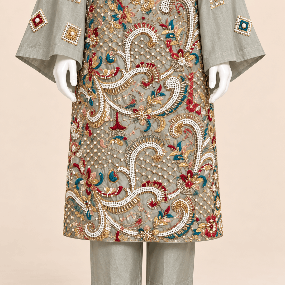 Sage Tussar Silk Multicolour Hand-Embellished Formal 3-Piece Suit – 0159M (Unstitched)
