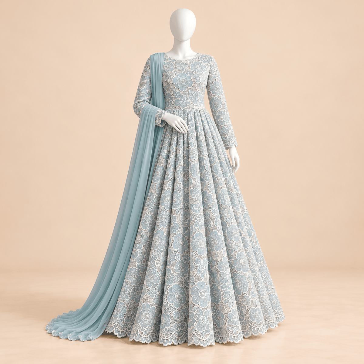Azure Bloom – Luxury Ice Blue Floral Laser-Cut Suit with Stone Work | SKU 0167M (Unstitched)