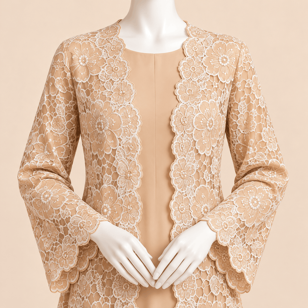Champagne Peach Floral Lace Luxury Formal 3-Piece Ensemble – 0163M (Unstitched)