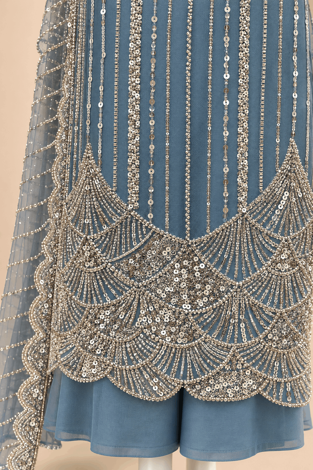 Celestia Steel Blue Silver Embellished Maxi Gown with Dupatta – 0162M (Unstitched)