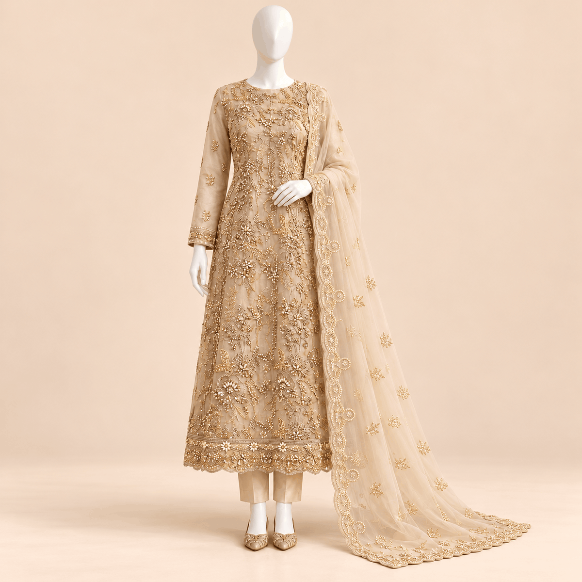 Champagne Gold Floral Embroidered Luxury Formal Suit – 0169M (Unstitched)