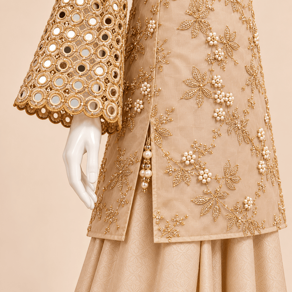 Champagne Pearl Vine Mirror work Formal soft-organza 4-Piece Suit – 0157M (Unstitched)