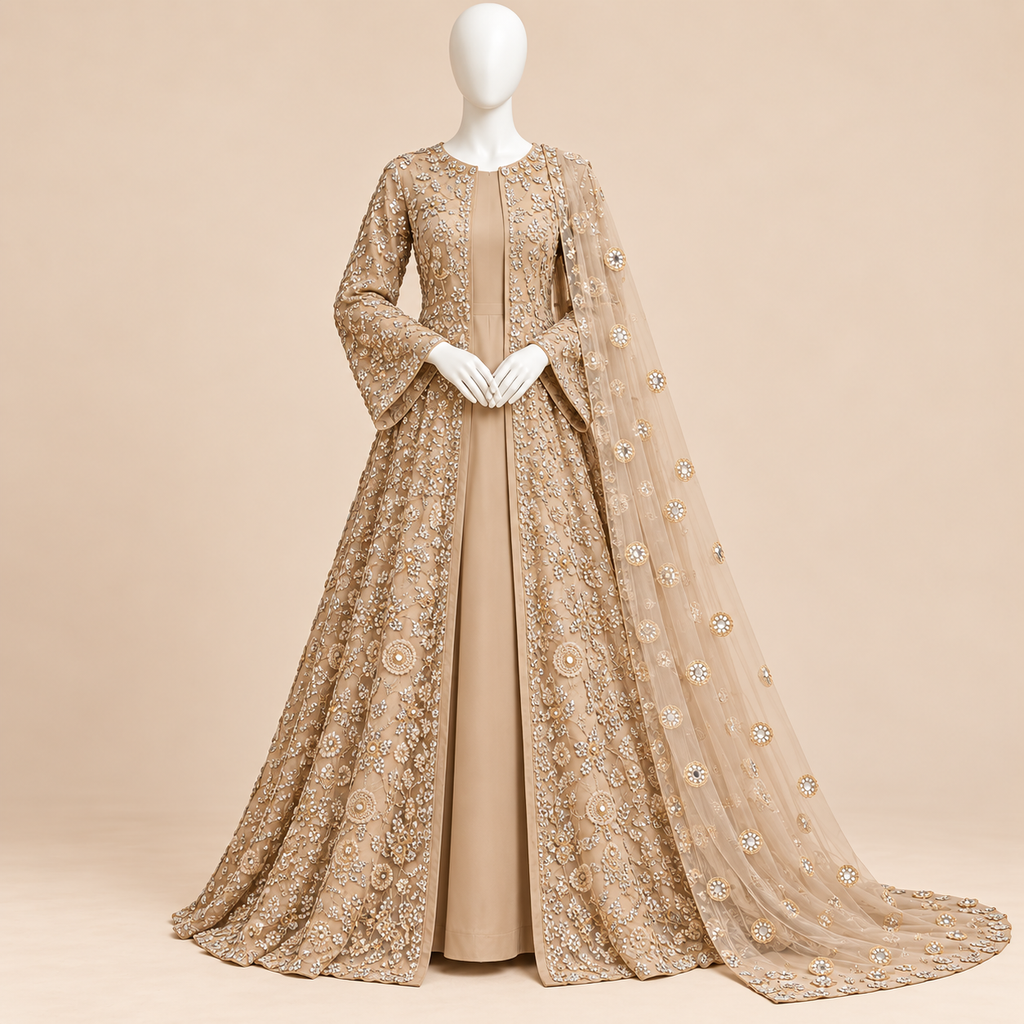 Champagne Foil work Floral Embroidered Formal chiffon 3-Piece Suit – 0158M (unstitched)