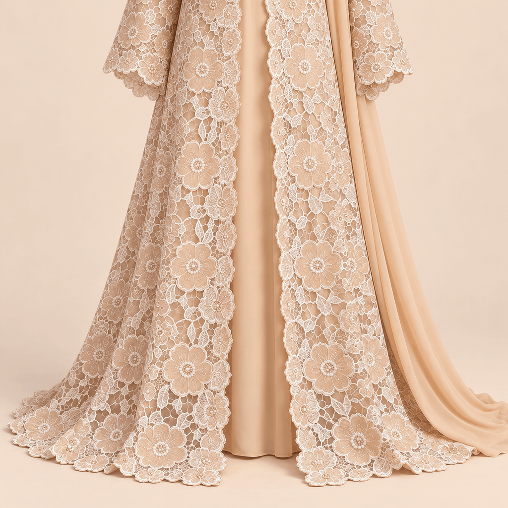 Champagne Peach Floral Lace Luxury Formal 3-Piece Ensemble – 0163M (Unstitched)