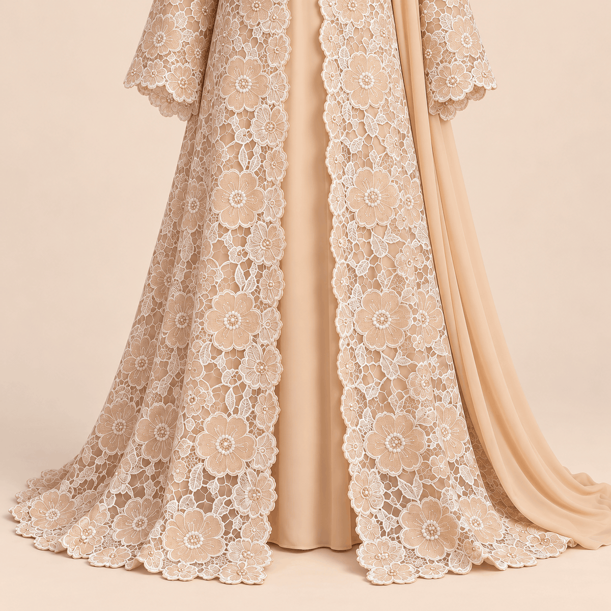 Champagne Peach Floral Lace Luxury Formal 3-Piece Ensemble – 0163M (Unstitched)