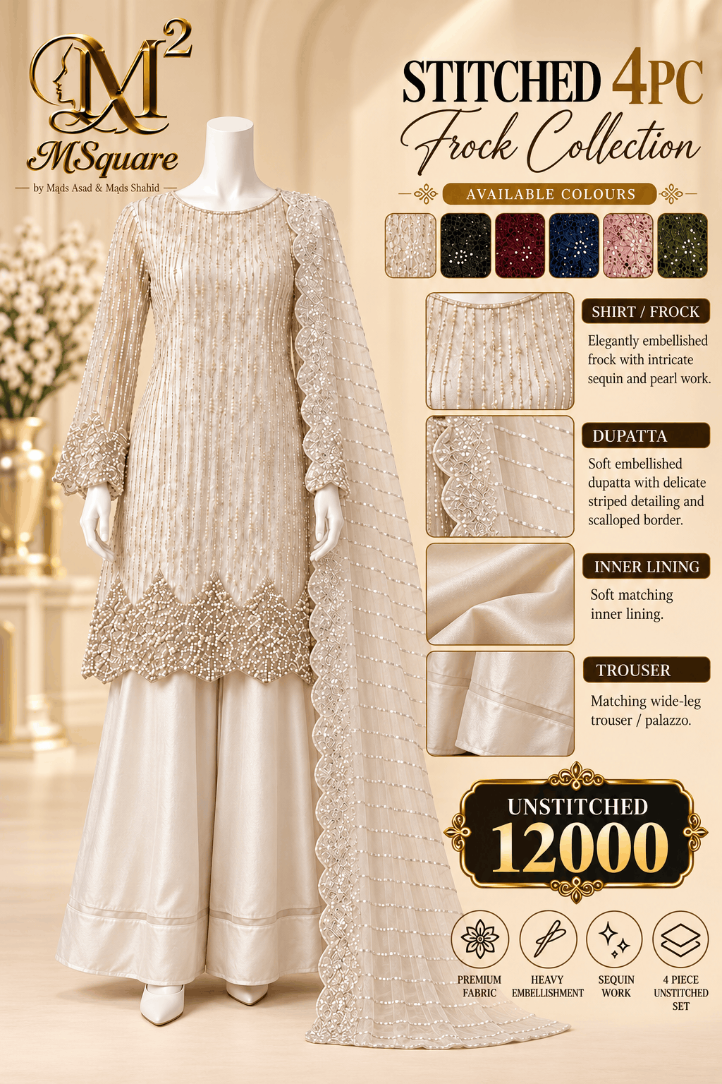 Ivory Pearl Sequin Embroidered Luxury Formal 4-Piece Suit – 0171M (Unstitched)