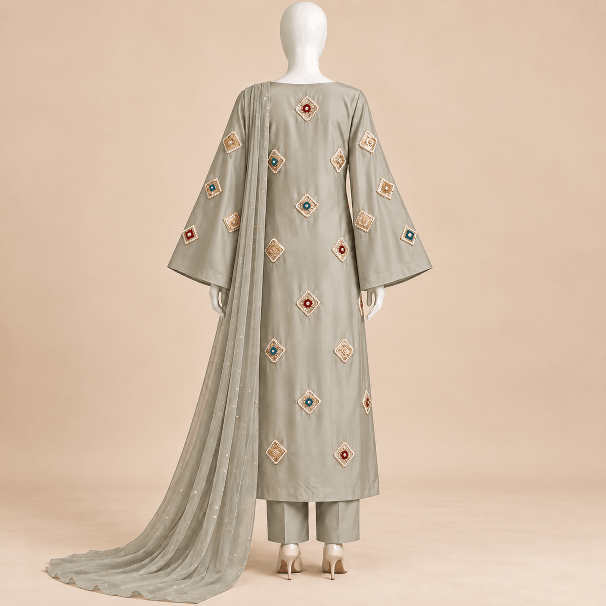 Sage Tussar Silk Multicolour Hand-Embellished Formal 3-Piece Suit – 0159M (Unstitched)