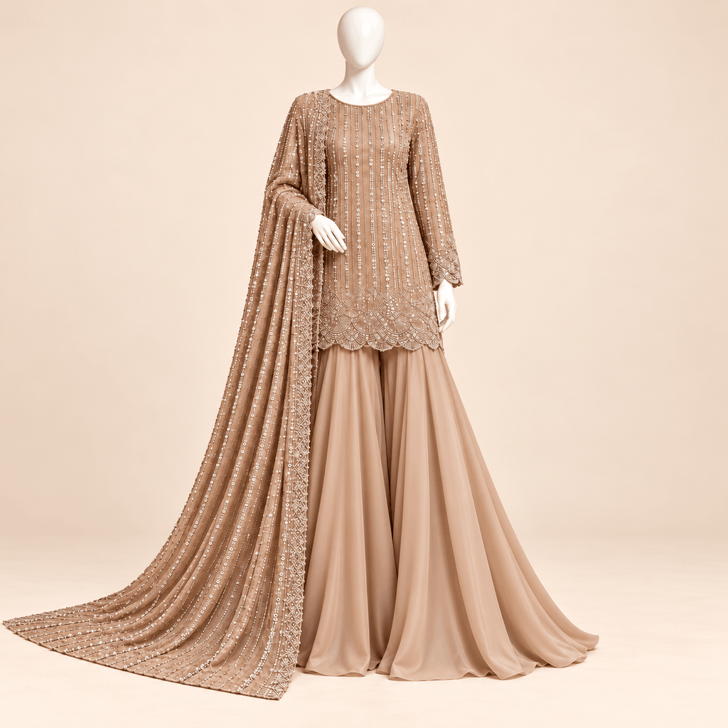 Taupe Silver Sequin Embellished 3-Piece Formal Ensemble Inner and trouser - Tussel Silk– 0160M (unstitched)