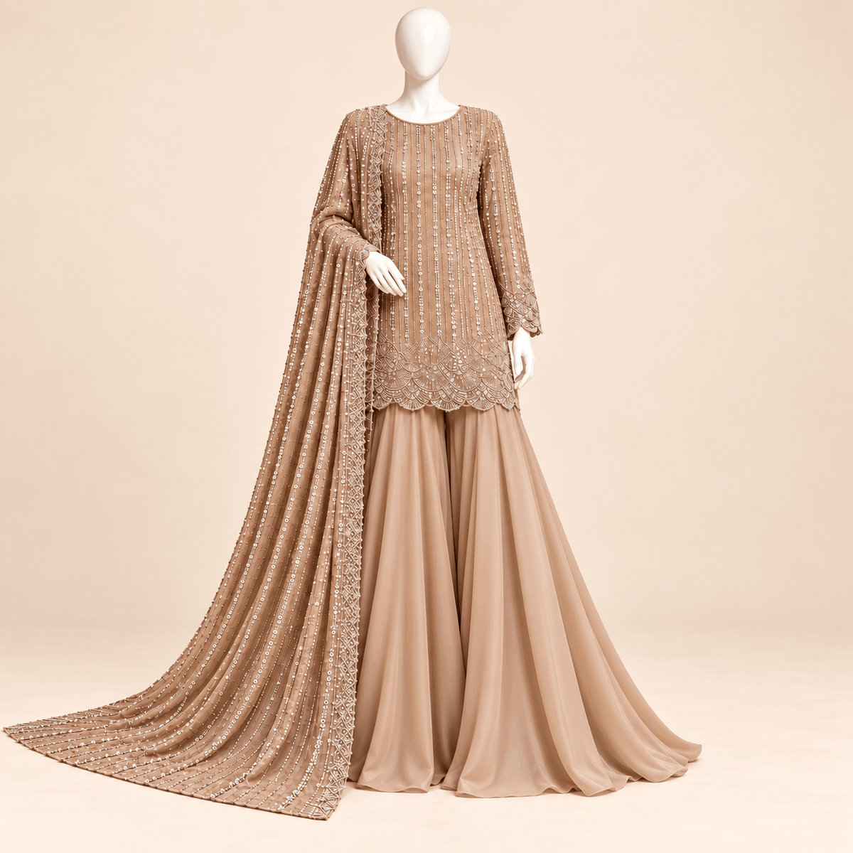 Taupe Silver Sequin Embellished 3-Piece Formal Ensemble Inner and trouser - Tussel Silk– 0160M (unstitched)