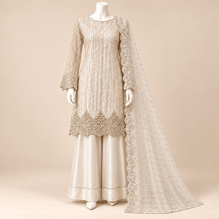 Ivory Pearl Sequin Embroidered Luxury Formal 4-Piece Suit – 0171M (Unstitched)
