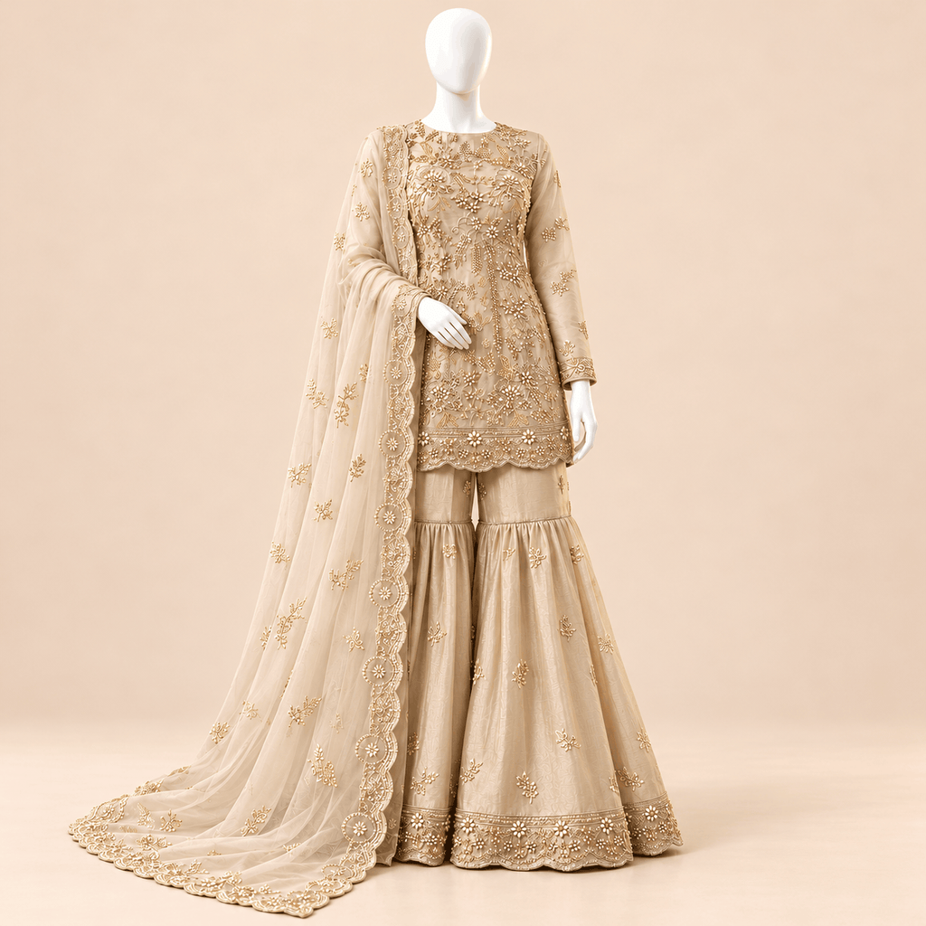 Champagne Gold Floral Embroidered Luxury Formal Suit – 0169M (Unstitched)
