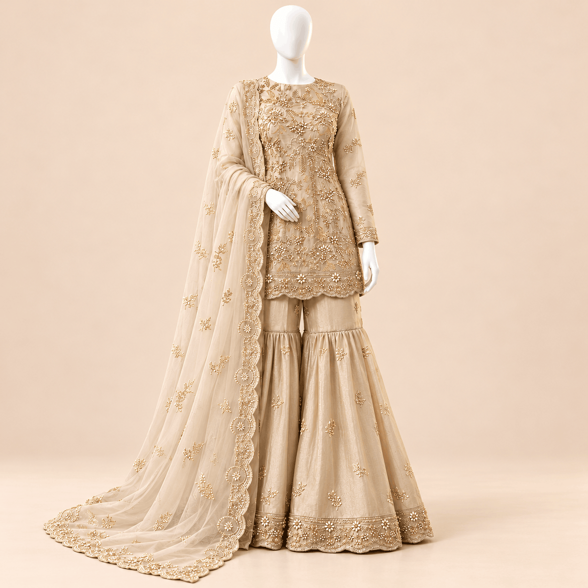 Champagne Gold Floral Embroidered Luxury Formal Suit – 0169M (Unstitched)