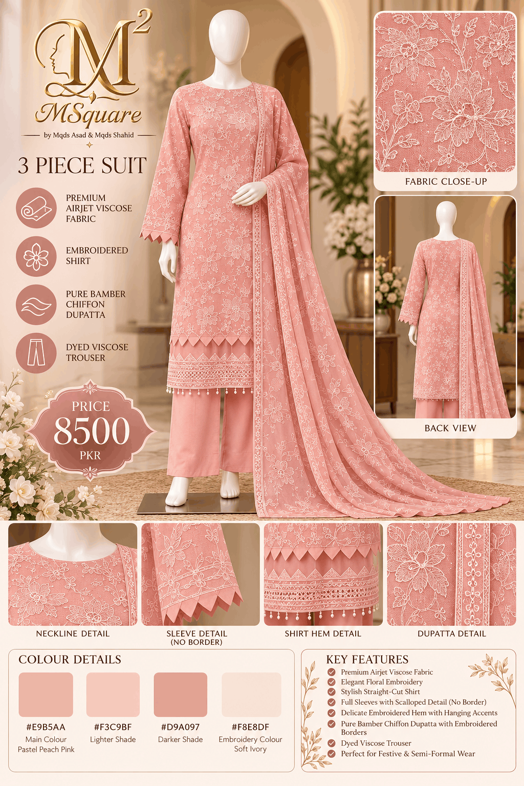 Peach Blossom – Pastel Pink Floral Embroidered 3-Piece Suit – SKU 0197M (Unstitched)
