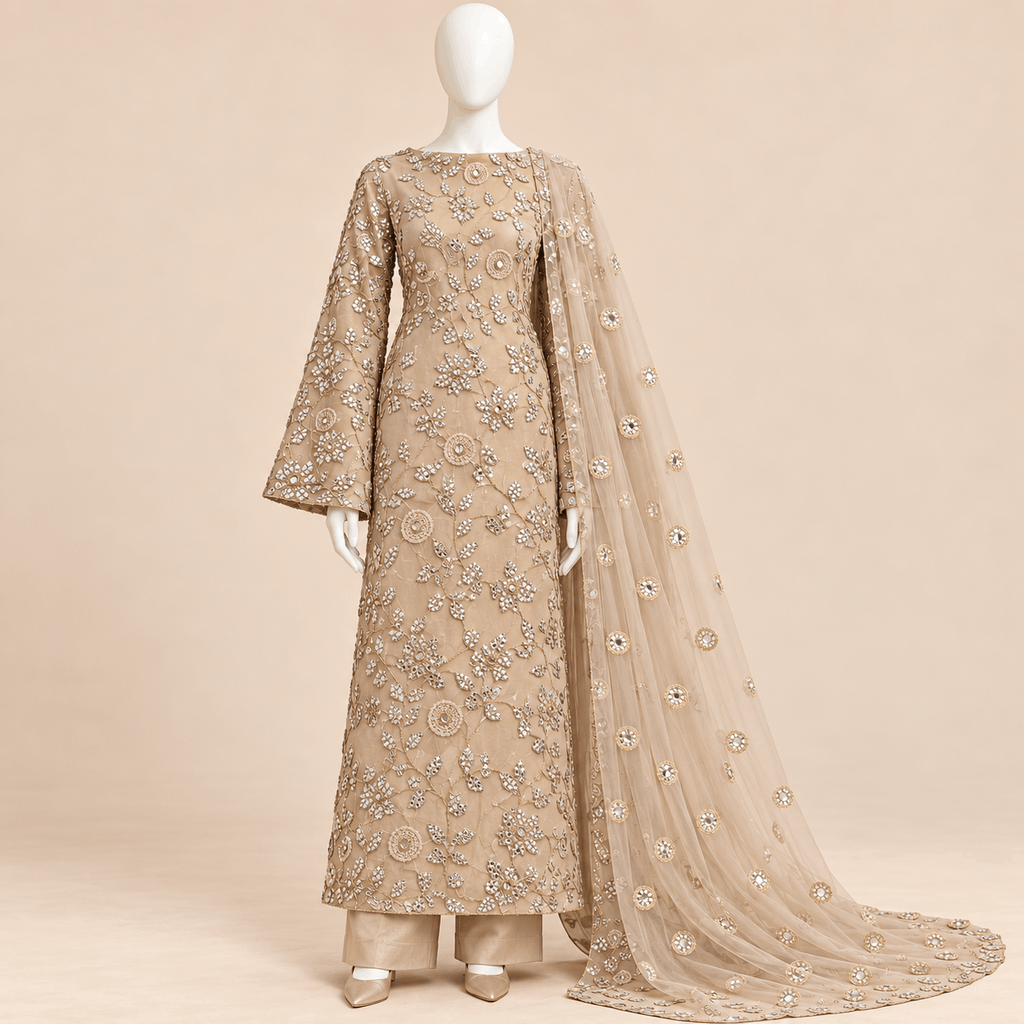 Champagne Foil work Floral Embroidered Formal chiffon 3-Piece Suit – 0158M (unstitched)