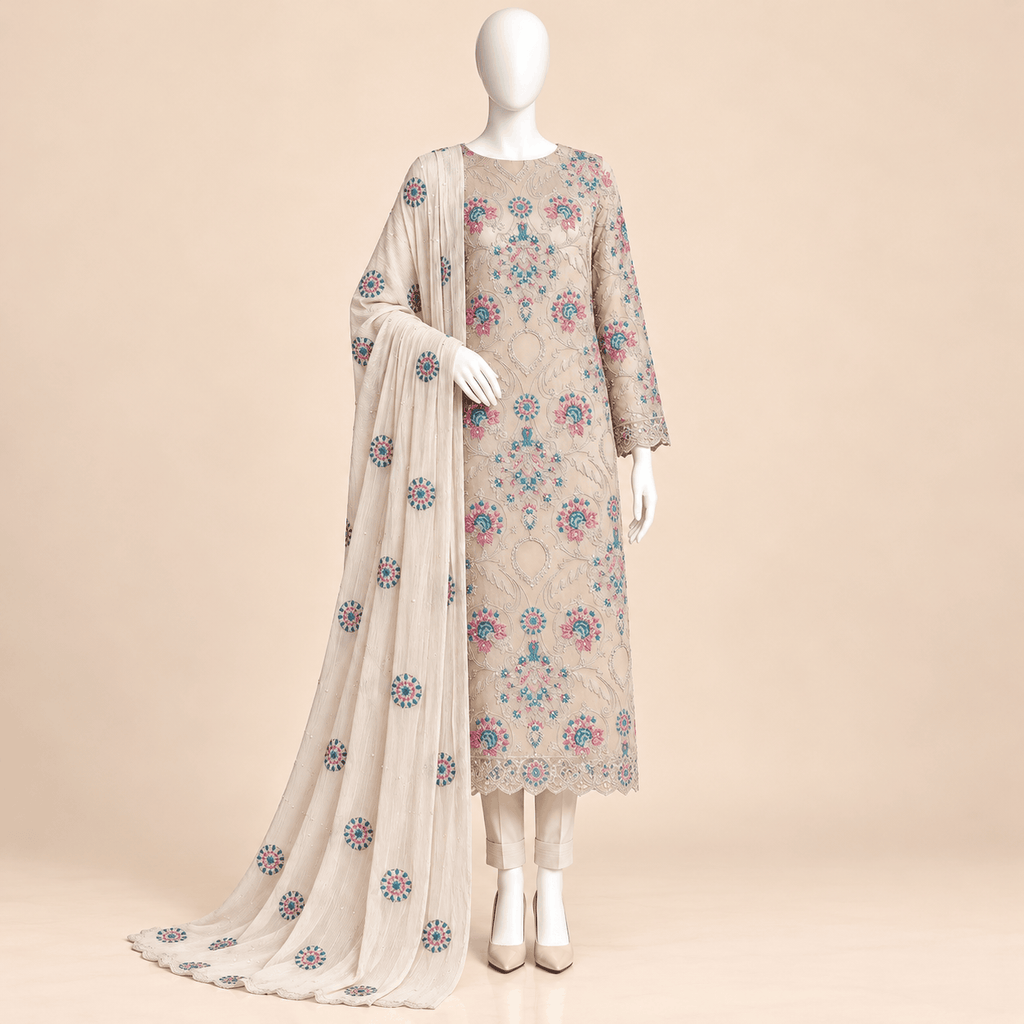 Ivory Bloom – Luxury Multicolour Embroidered 3-Piece Formal Suit – 0180M (Unstitched)
