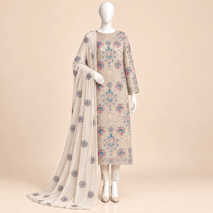 Ivory Bloom – Luxury Multicolour Embroidered 3-Piece Formal Suit – 0180M (Unstitched)