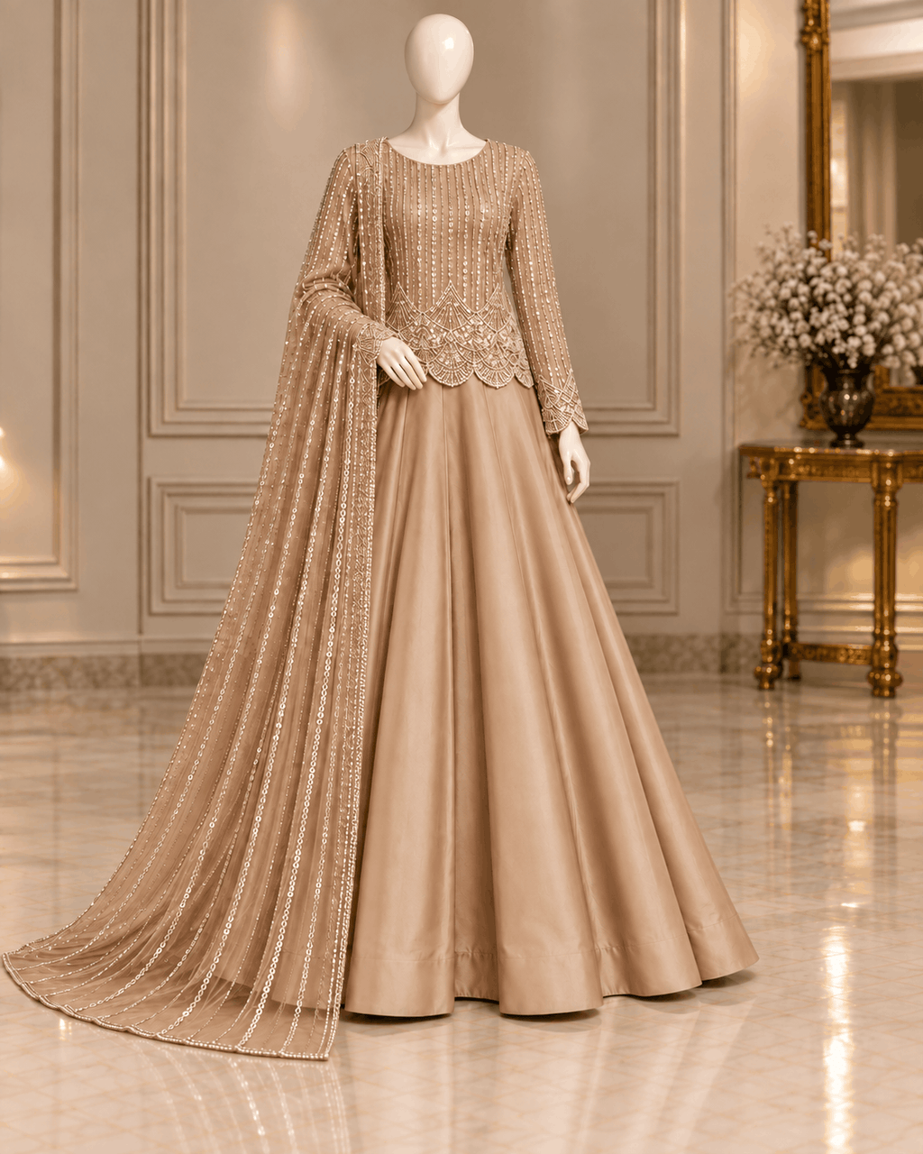 Taupe Silver Sequin Embellished 3-Piece Formal Ensemble Inner and trouser - Tussel Silk– 0160M (unstitched)