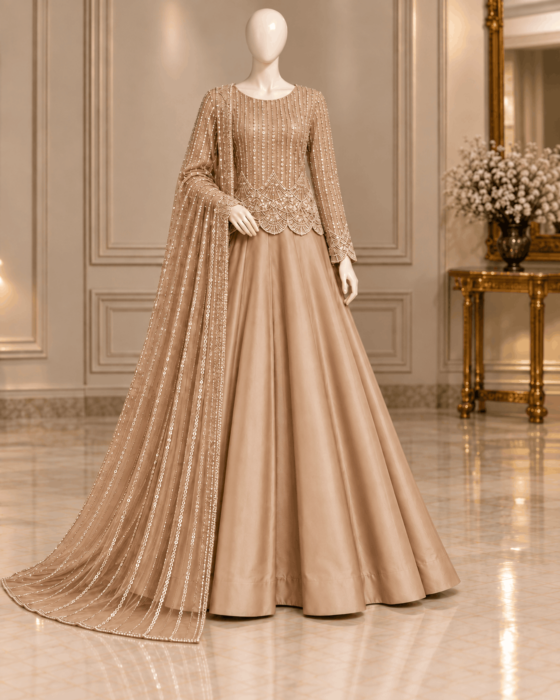 Taupe Silver Sequin Embellished 3-Piece Formal Ensemble Inner and trouser - Tussel Silk– 0160M (unstitched)