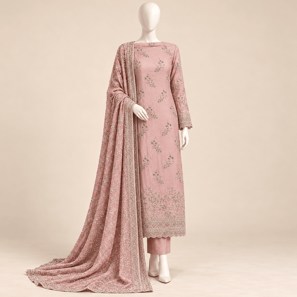 Rosé Elegance – Luxury Embroidered 3-Piece Formal Suit – 0174M (Unstitched)