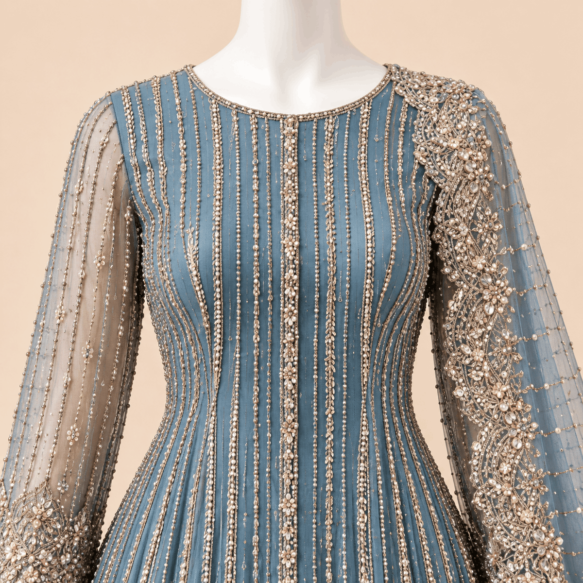 Celestia Steel Blue Silver Embellished Maxi Gown with Dupatta – 0162M (Unstitched)