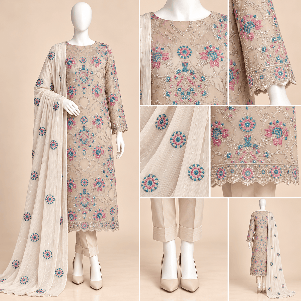 Ivory Bloom – Luxury Multicolour Embroidered 3-Piece Formal Suit – 0180M (Unstitched)