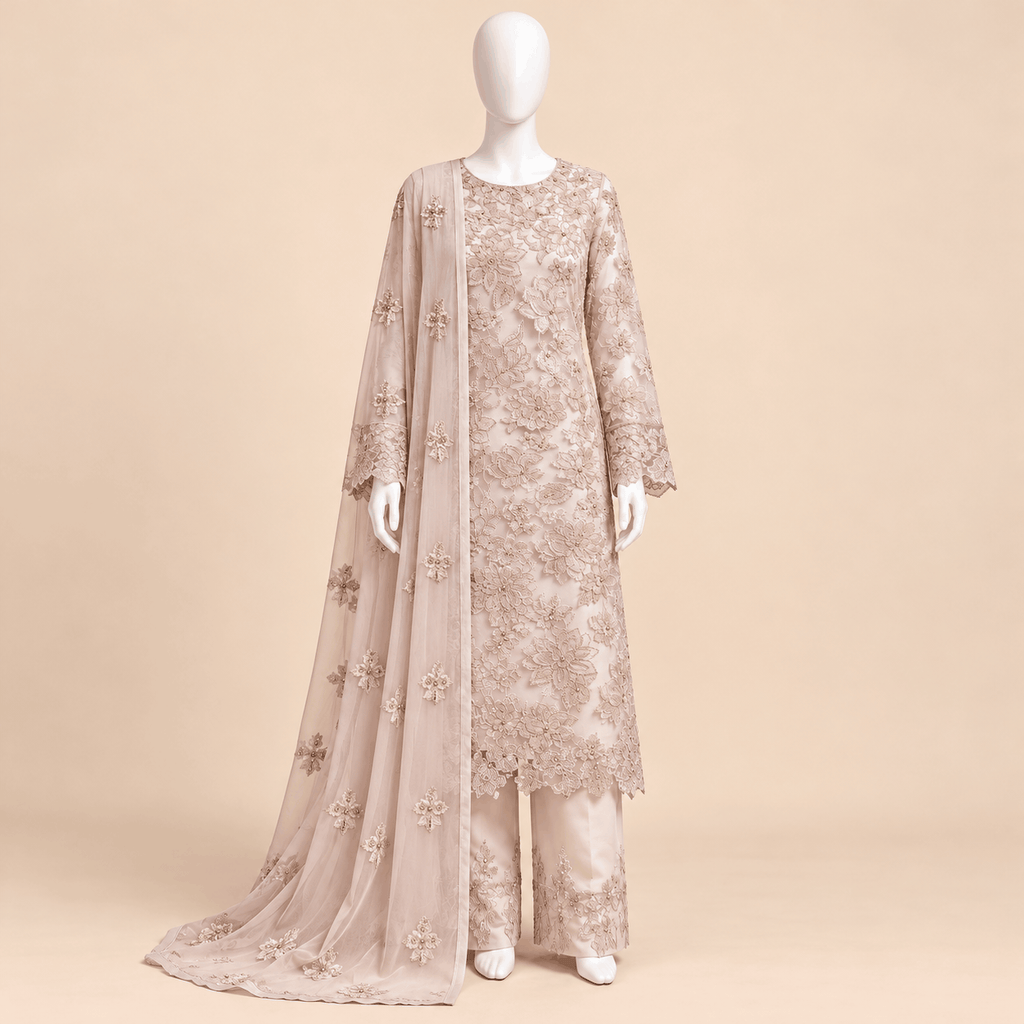 Blush Pearl – Luxury Floral Embroidered 3-Piece Formal Suit – 0177M (Unstitched)