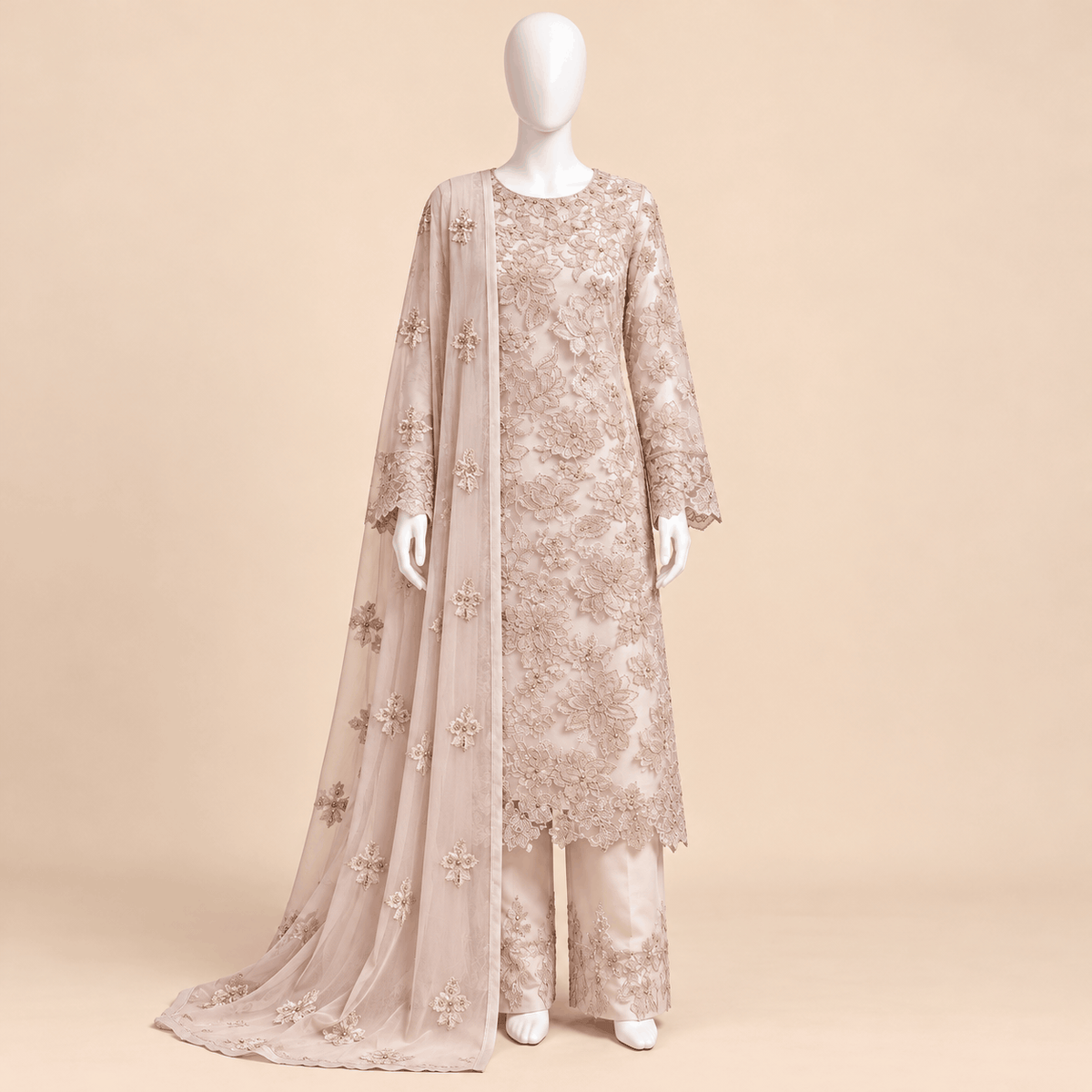 Blush Pearl – Luxury Floral Embroidered 3-Piece Formal Suit – 0177M (Unstitched)