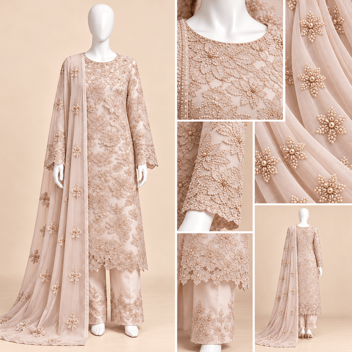 Blush Pearl – Luxury Floral Embroidered 3-Piece Formal Suit – 0177M (Unstitched)