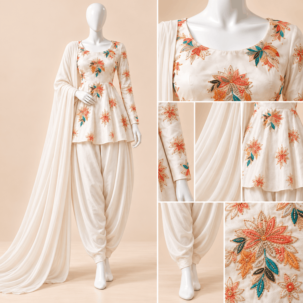 Ivory Fleur – Luxury Multicolour Floral Embroidered 3-Piece Peplum & Dhoti Suit – 0181M (Unstitched)