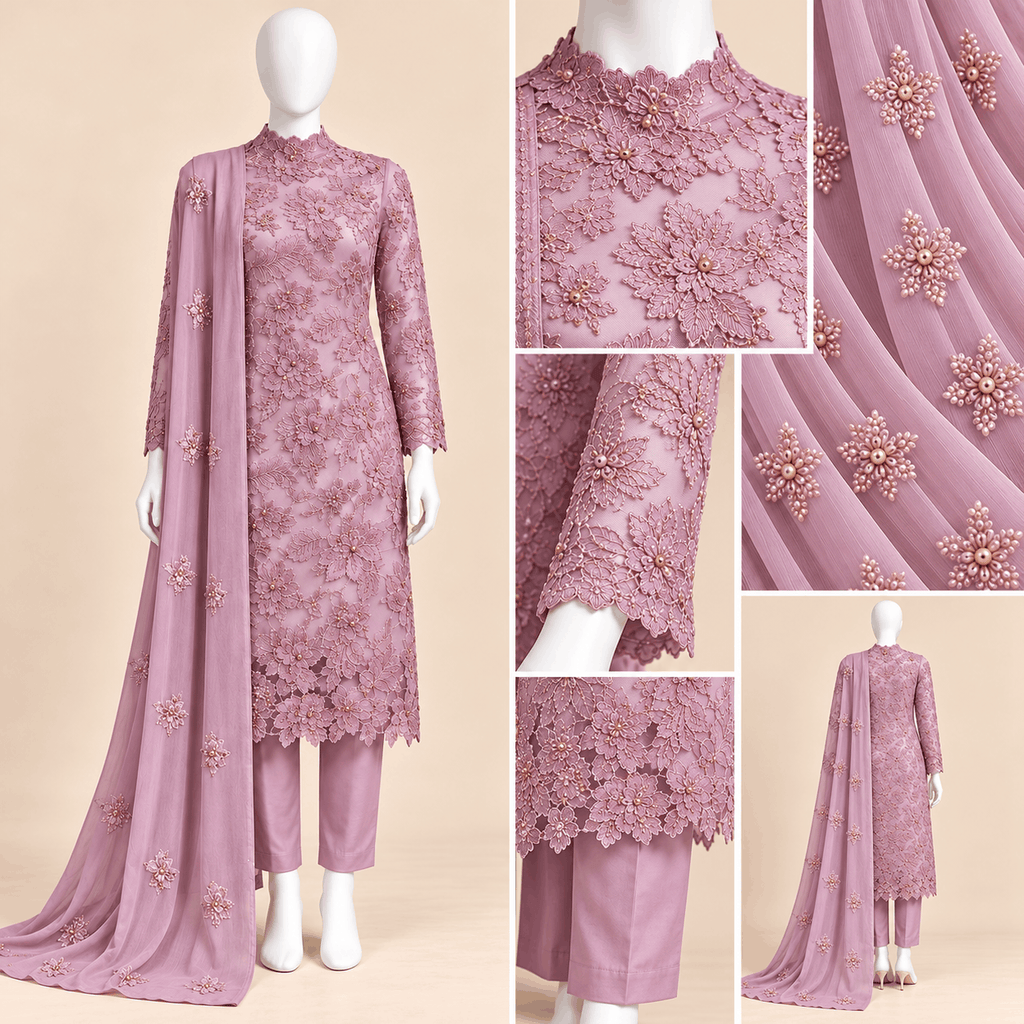 Mauve Blossom – Luxury Floral Embroidered 3-Piece Formal Suit – 0178M (Unstitched)