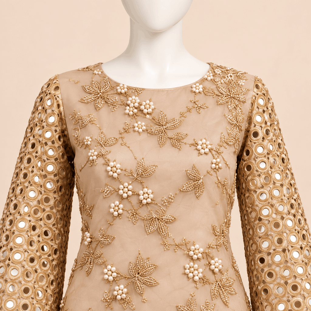 Champagne Pearl Vine Mirror work Formal soft-organza 4-Piece Suit – 0157M (Unstitched)