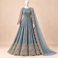Celestia Steel Blue Silver Embellished Maxi Gown with Dupatta – 0162M (Unstitched)