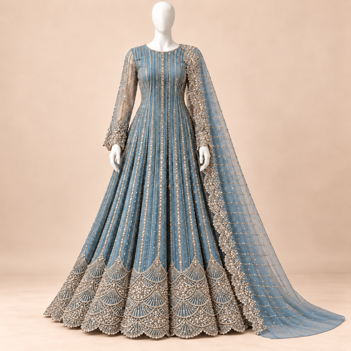 Celestia Steel Blue Silver Embellished Maxi Gown with Dupatta – 0162M (Unstitched)