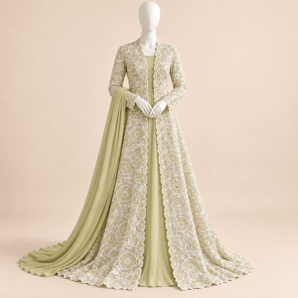 Pistachio Bloom – Luxury Floral Lace Long Gown with Elegant Dupatta | SKU 0166M (Unstitched)
