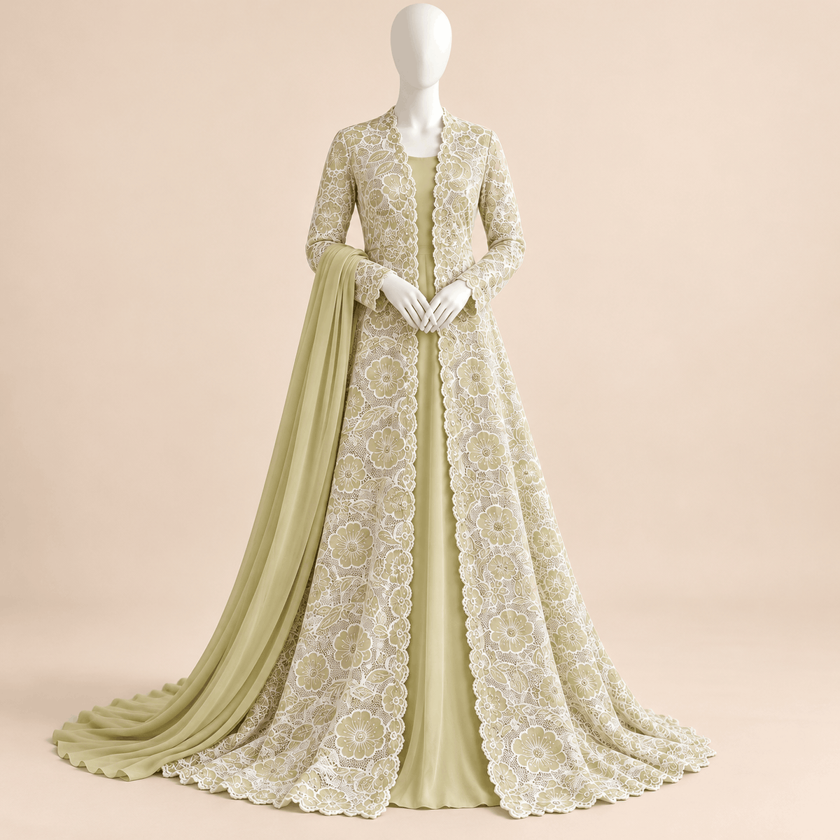 Pistachio Bloom – Luxury Floral Lace Long Gown with Elegant Dupatta | SKU 0166M (Unstitched)