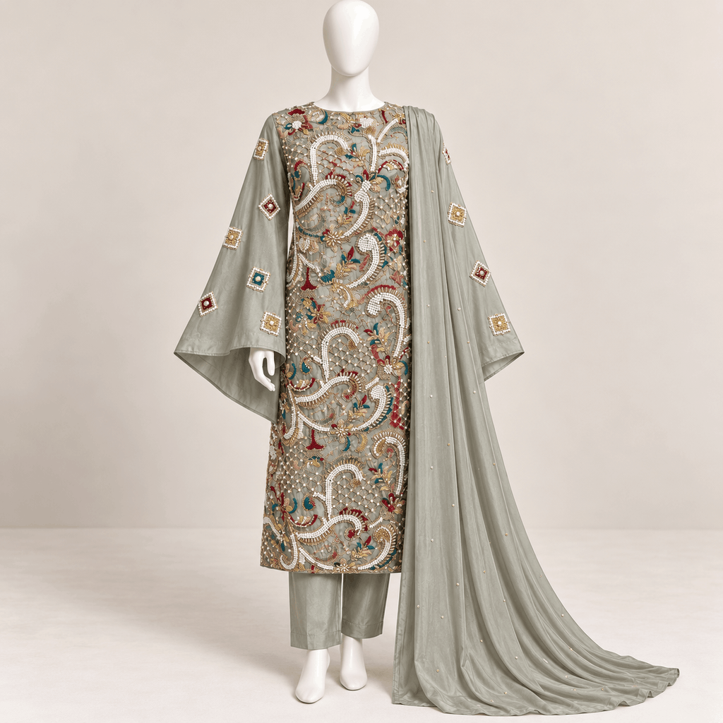 Sage Tussar Silk Multicolour Hand-Embellished Formal 3-Piece Suit – 0159M (Unstitched)