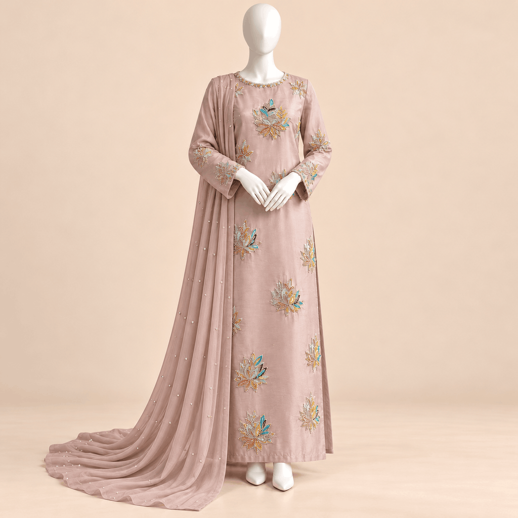 Blush Aura – Luxury Dusty Pink Embellished 3-Piece Suit with Multicolour Handwork | SKU 0168M (Unstitched)