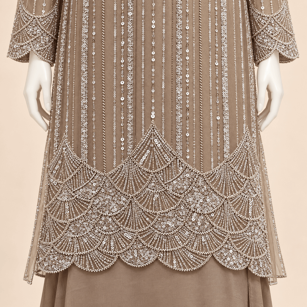 Taupe Silver Sequin Embellished 3-Piece Formal Ensemble Inner and trouser - Tussel Silk– 0160M (unstitched)