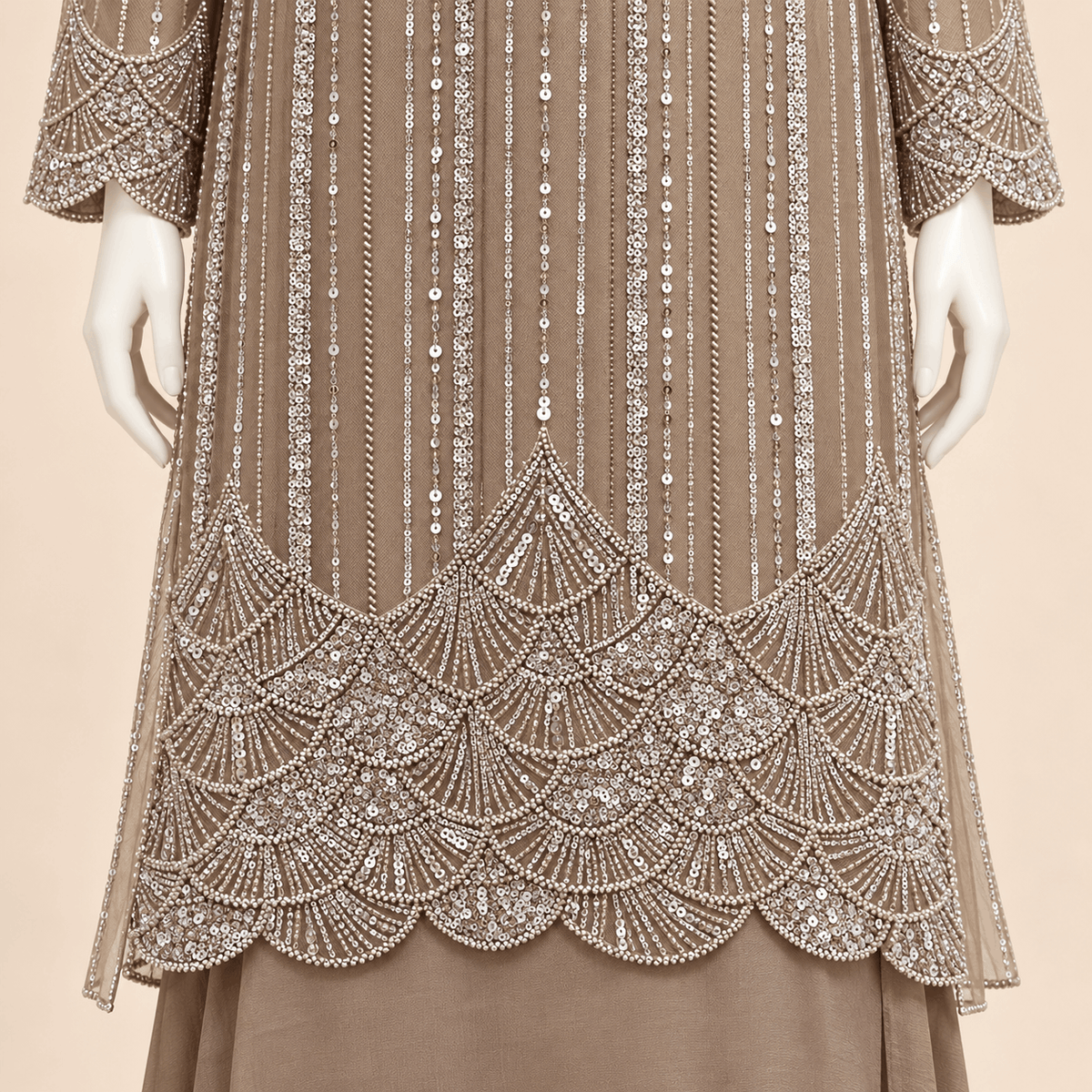 Taupe Silver Sequin Embellished 3-Piece Formal Ensemble Inner and trouser - Tussel Silk– 0160M (unstitched)