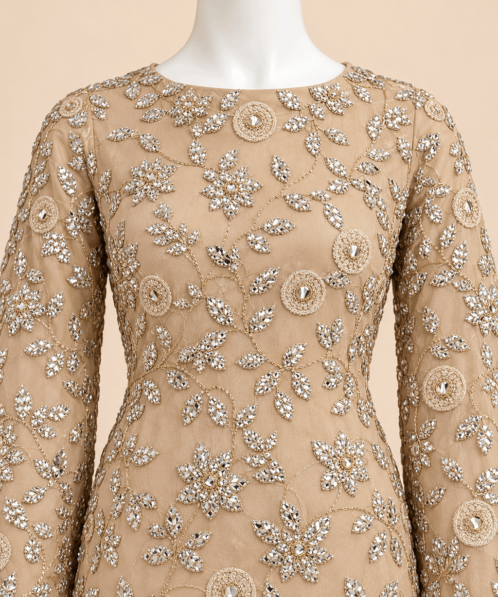 Champagne Foil work Floral Embroidered Formal chiffon 3-Piece Suit – 0158M (unstitched)