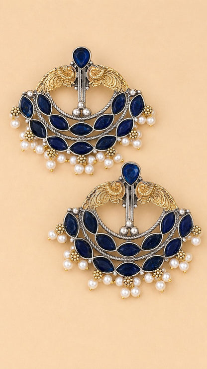Royal Blue Stone Pearl Chandbali Earrings – Traditional Gold & Silver Plated Statement Earrings 0020M