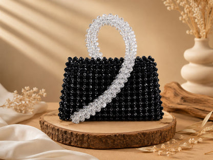 Midnight Crystal Beaded Mini Handbag with Clear Beaded Handle – 0104M