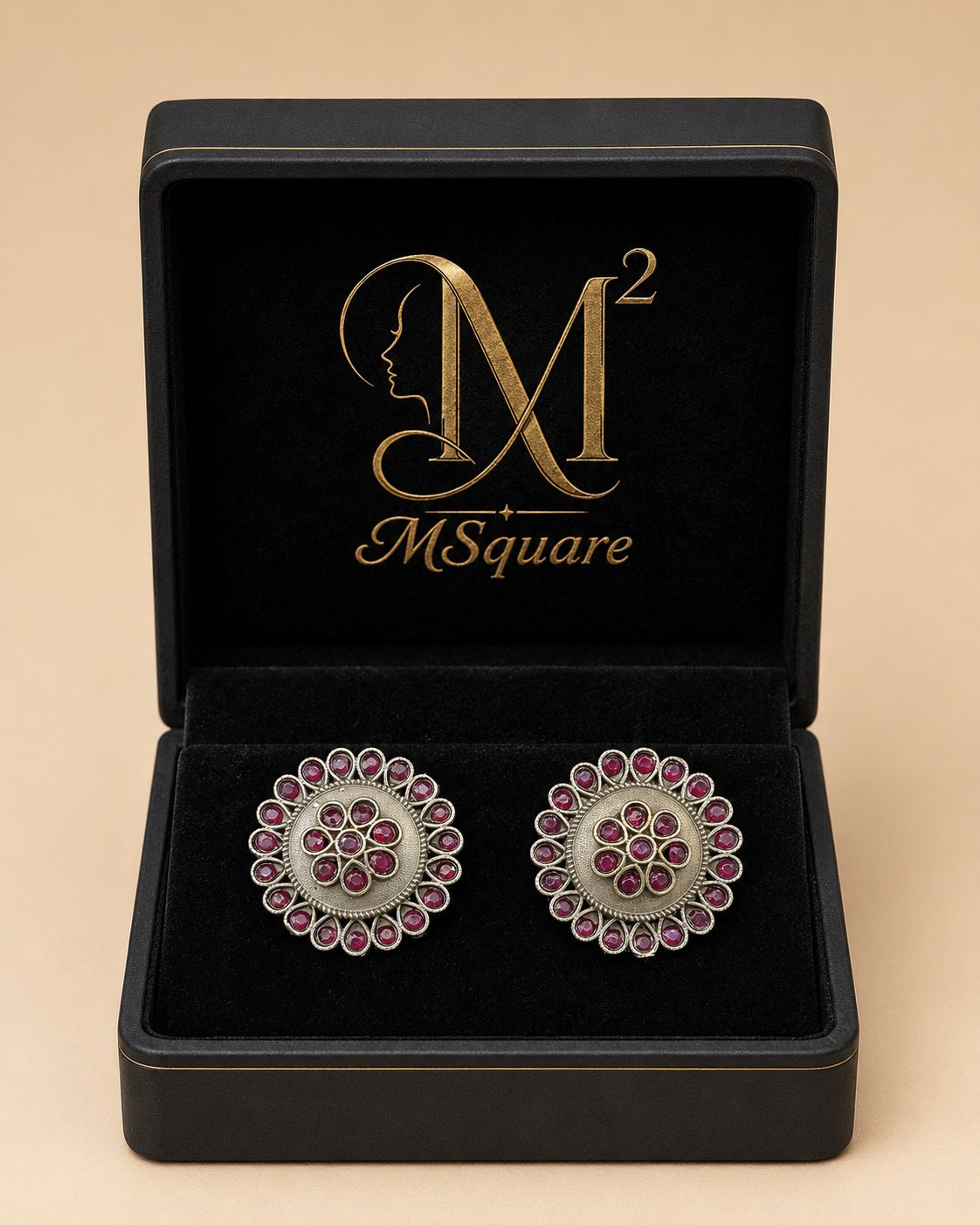 Traditional Round Stone Tops – Antique Silver Ethnic Stud Earrings 0035M