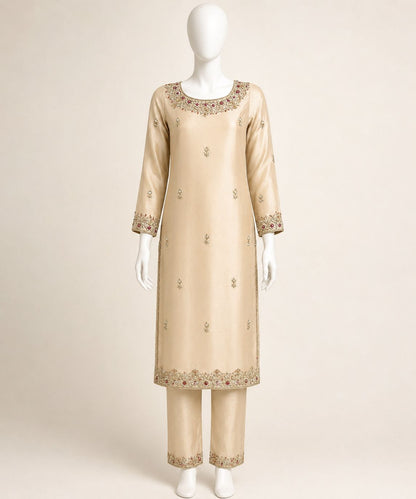 Champagne Gold Embroidered 3-Piece Formal Suit with Maroon Dupatta – 0099M