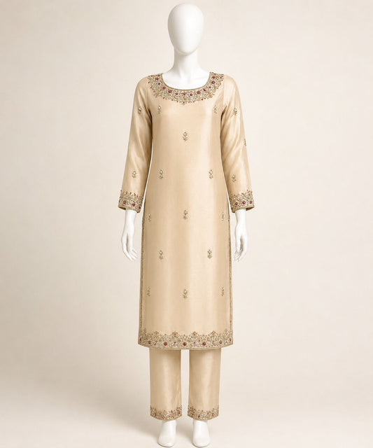 Champagne Gold Embroidered 3-Piece Formal Suit with Maroon Dupatta – 0099M